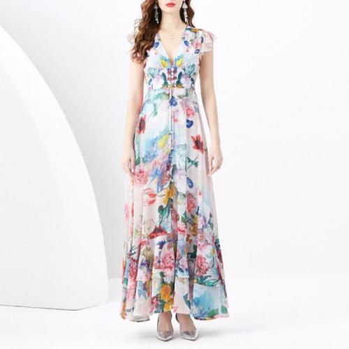 Chiffon long style One-piece Dress slimming & deep V printed PC