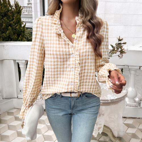 Woven lace Women Long Sleeve Shirt & loose & breathable plaid PC