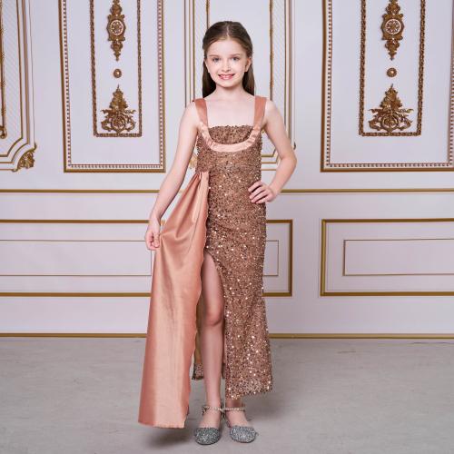 Polyester Girl One-piece Dress & off shoulder Sequin Apricot PC