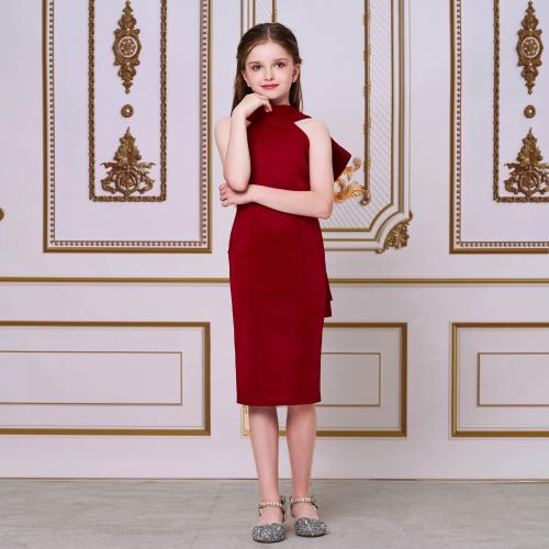 Polyester Girl One-piece Dress with bowknot & mid-long style Solid wine red PC