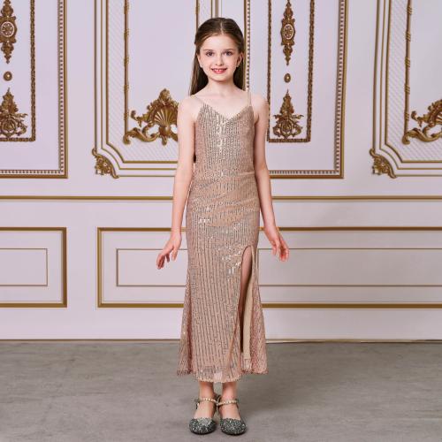 Polyester Girl One-piece Dress backless Sequin Solid gold PC
