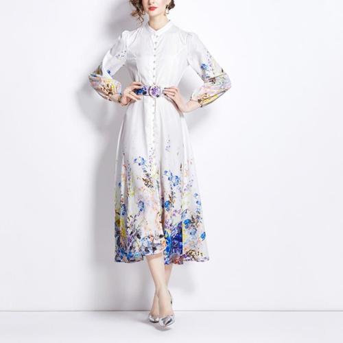 Cotton Linen One-piece Dress slimming printed white PC