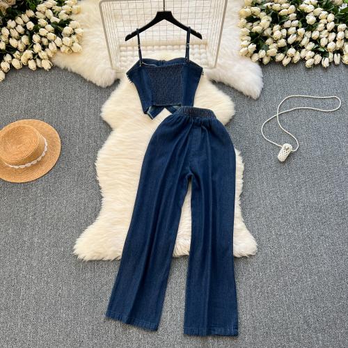 Polyester Women Casual Set midriff-baring & two piece blue Set