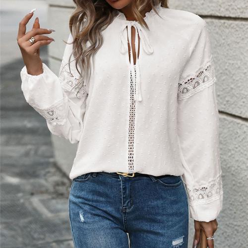 Cotton Women Long Sleeve Shirt & loose & hollow & breathable Solid white PC