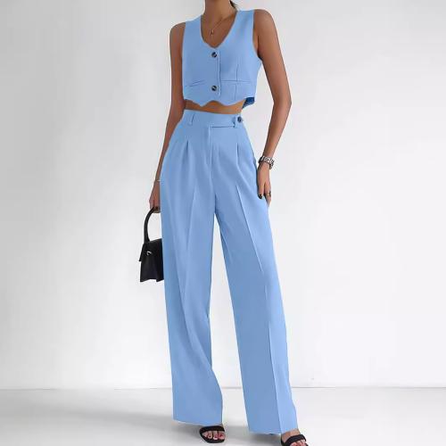 Polyester Wide Leg Trousers & Crop Top Women Casual Set & two piece Solid Set