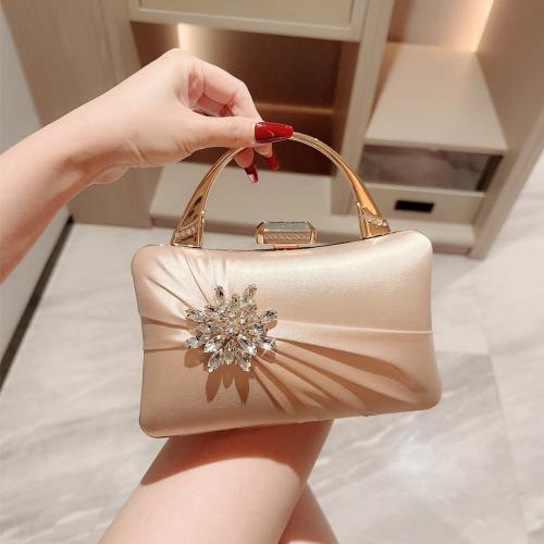 Satin Easy Matching Clutch Bag with chain & with rhinestone flower shape champagne PC