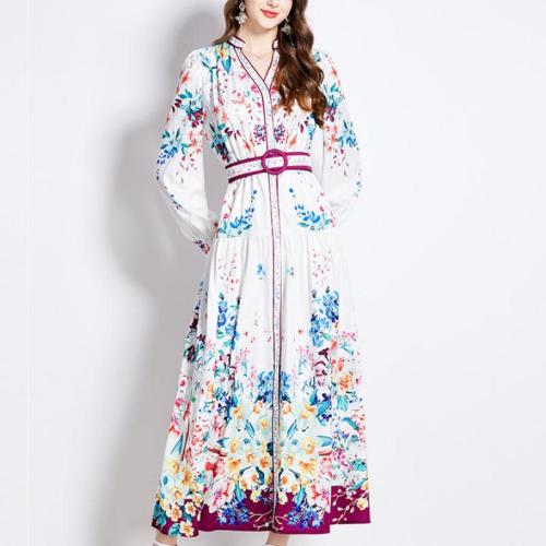 Chiffon One-piece Dress slimming & deep V printed PC