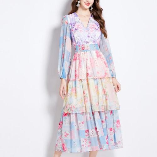 Chiffon Layered One-piece Dress slimming & deep V printed PC