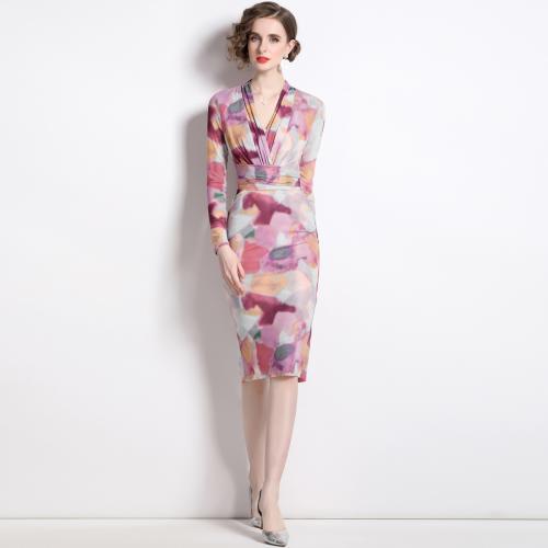 Polyester Slim One-piece Dress mid-long style printed mixed colors PC