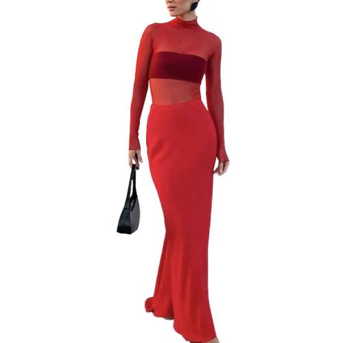 Polyester Slim Sexy Package Hip Dresses see through look patchwork Solid red PC