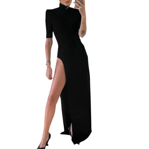 Polyester Slim Sexy Package Hip Dresses side slit patchwork Solid black PC