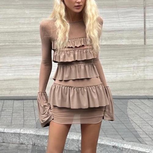 Polyester scallop & Slim Sexy Package Hip Dresses patchwork Solid brown PC