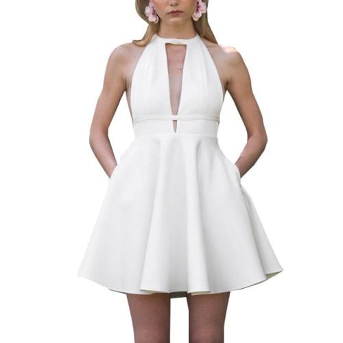 Polyester One-piece Dress backless & hollow patchwork Solid white PC