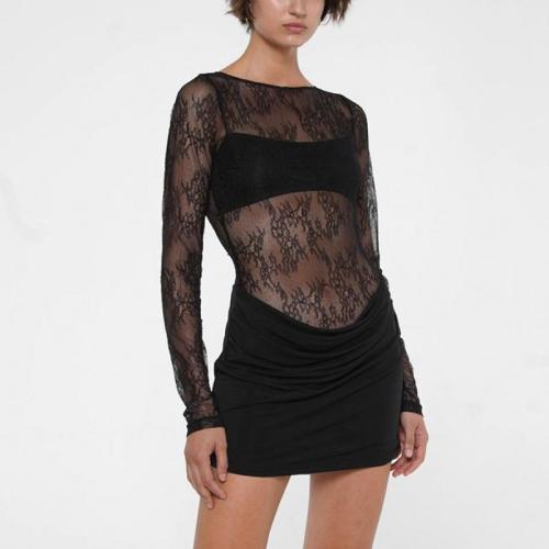 Polyester Sexy Package Hip Dresses see through look & backless patchwork Solid white and black PC