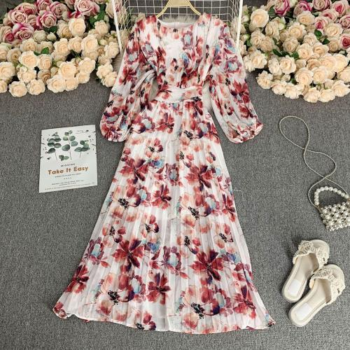 Chiffon Waist-controlled & long style One-piece Dress large hem design & slimming printed : PC