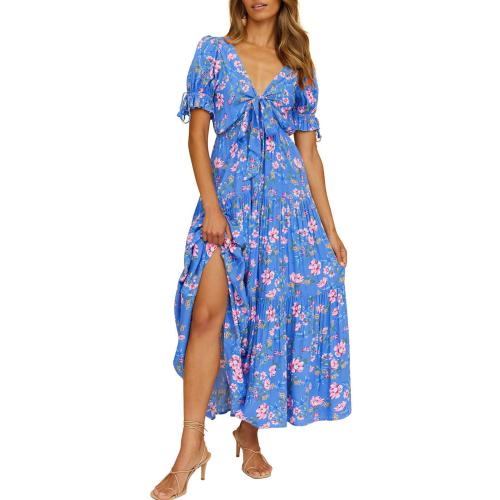 Polyester One-piece Dress slimming & deep V printed PC