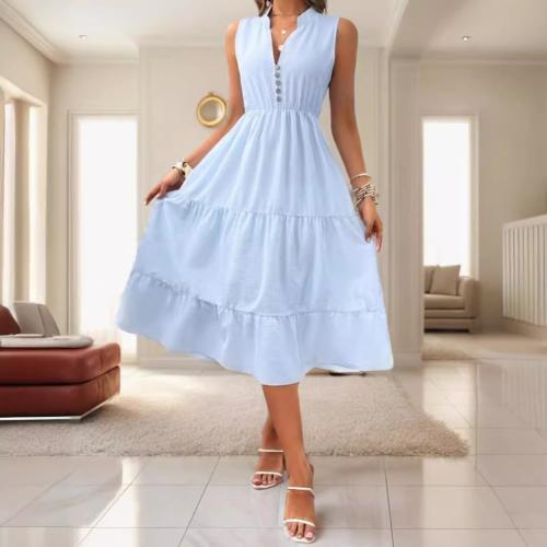 Polyester Waist-controlled One-piece Dress slimming & deep V light blue PC