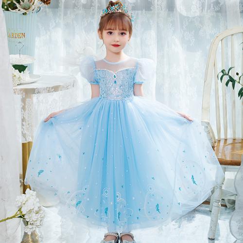 Polyester Princess Girl One-piece Dress & two piece patchwork blue PC