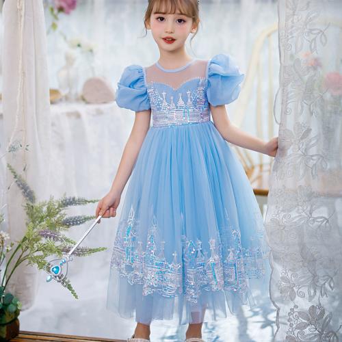 Polyester Princess & Ball Gown Girl One-piece Dress patchwork blue PC