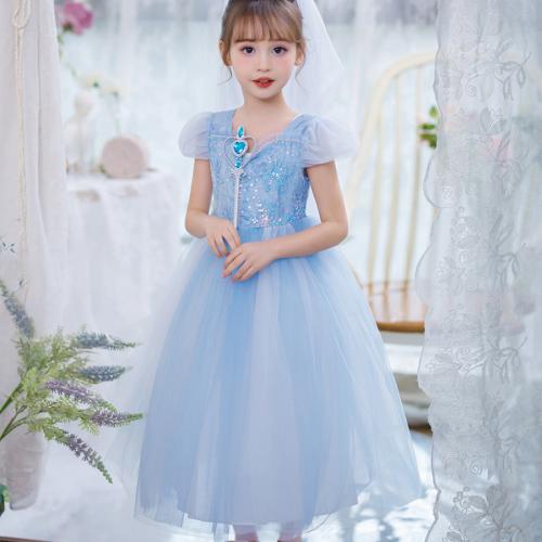 Polyester Princess & Ball Gown Girl One-piece Dress patchwork Solid blue PC