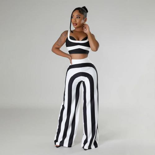 Polyester Women Casual Set midriff-baring & slimming & two piece striped Set