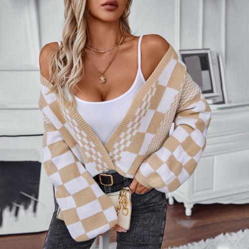 Polyester Soft Women Knitwear & loose & thermal plaid PC