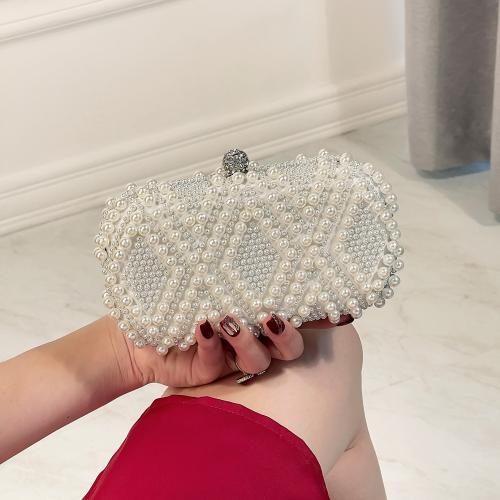 Polyester Easy Matching Clutch Bag with chain & with rhinestone Plastic Pearl white PC