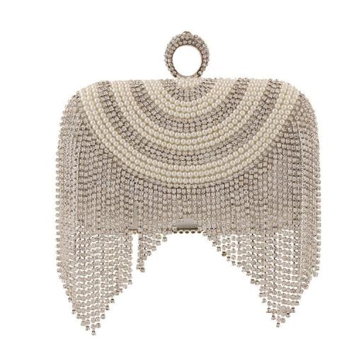 Polyester Easy Matching & Tassels Clutch Bag with rhinestone Plastic Pearl silver PC