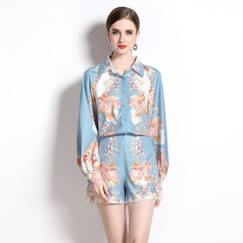 Polyester Soft Women Casual Set slimming & two piece printed sky blue Set