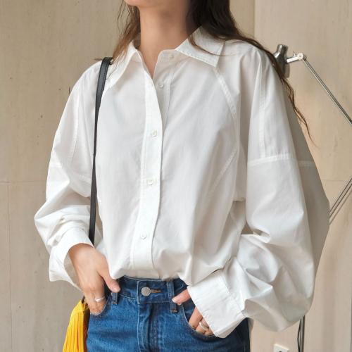 Tencel Women Long Sleeve Shirt slimming & loose patchwork Solid white : PC