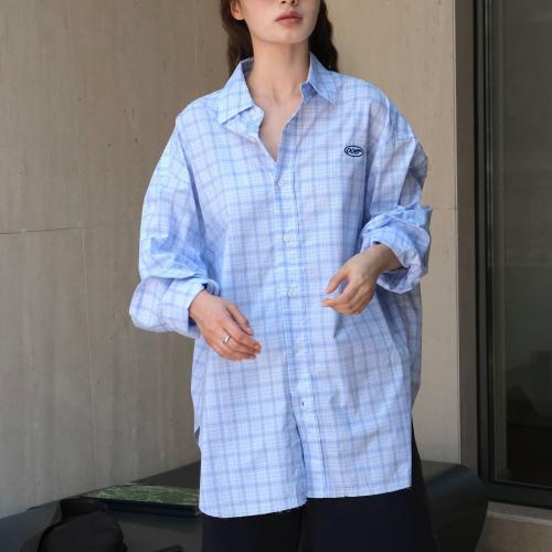 Cotton Women Long Sleeve Shirt loose patchwork plaid light blue : PC