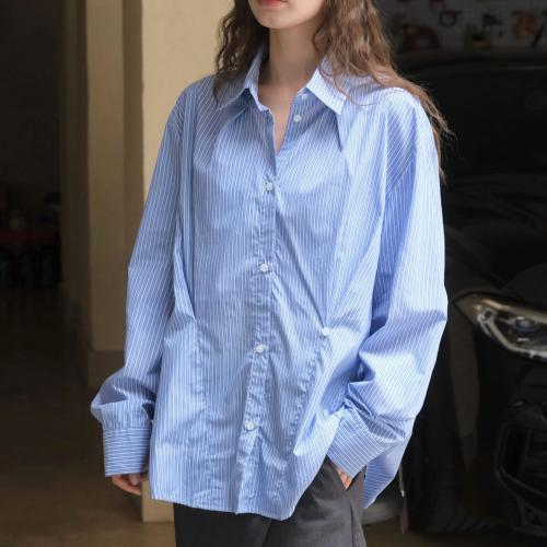 Cotton Women Long Sleeve Shirt slimming & loose patchwork striped blue : PC