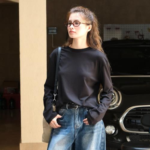 Cotton Women Long Sleeve T-shirt slimming & loose patchwork Solid : PC