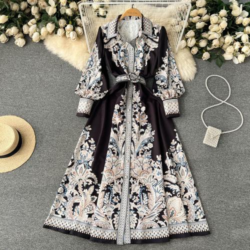 Polyester Waist-controlled One-piece Dress large hem design & breathable printed : PC