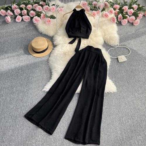 Polyester Waist-controlled Women Casual Set backless & two piece Long Trousers & tank top patchwork Solid : Set