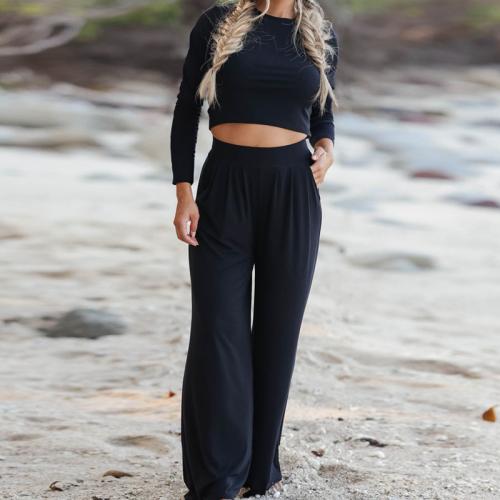 Polyester Women Casual Set & two piece & loose Long Trousers & long sleeve T-shirt patchwork Solid Set