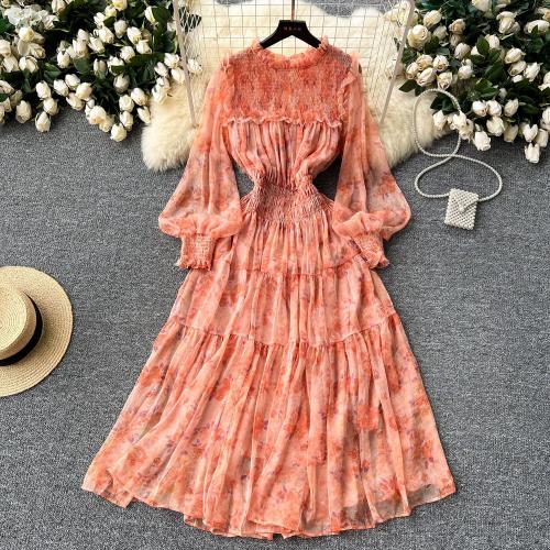 Polyester Soft One-piece Dress large hem design & breathable printed PC