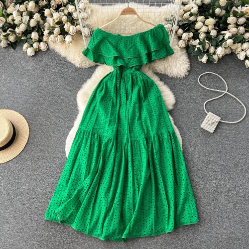 Polyester Waist-controlled One-piece Dress double layer & off shoulder & hollow Solid : PC