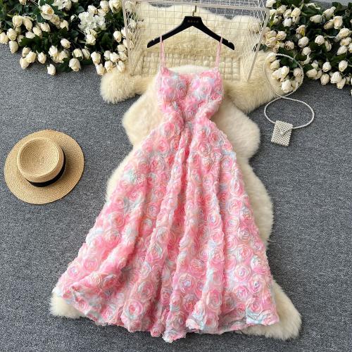 Polyester One-piece Dress, large hem design & double layer & backless & different size for choice, floral, pink,  PC