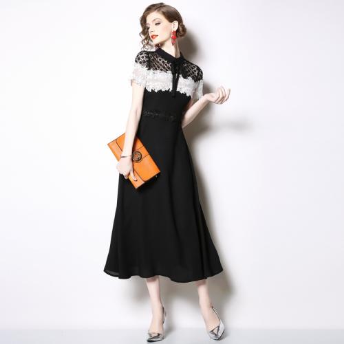 Lace & Polyester Soft One-piece Dress slimming & hollow Solid black PC