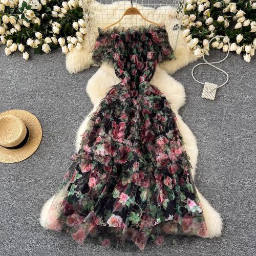 Polyester Waist-controlled One-piece Dress printed floral PC