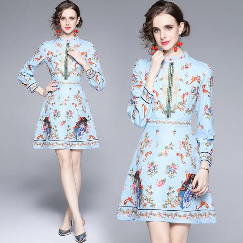 Polyester Waist-controlled One-piece Dress printed floral blue PC