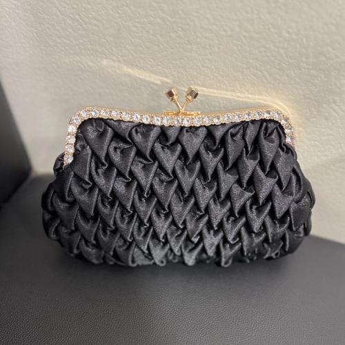 Silk Clutch & Evening Party Handbag attached with hanging strap & with rhinestone Solid black PC