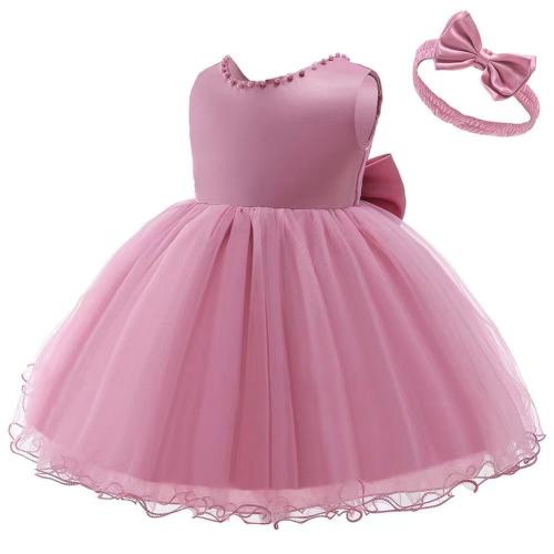 Polyester Princess Girl One-piece Dress with hair accessory patchwork Solid PC