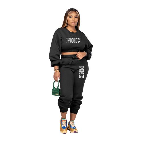 Polyester Women Casual Set fleece & two piece & loose printed letter Set