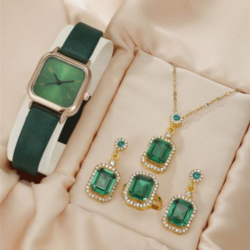 Glass & Stainless Steel & PU Leather & Zinc Alloy Jewelry Set for women & four piece & with rhinestone green Set