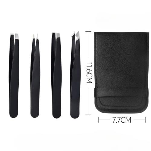 Tweezers Set 4-Piece Professional Black Plucker Stainless Steel With Case