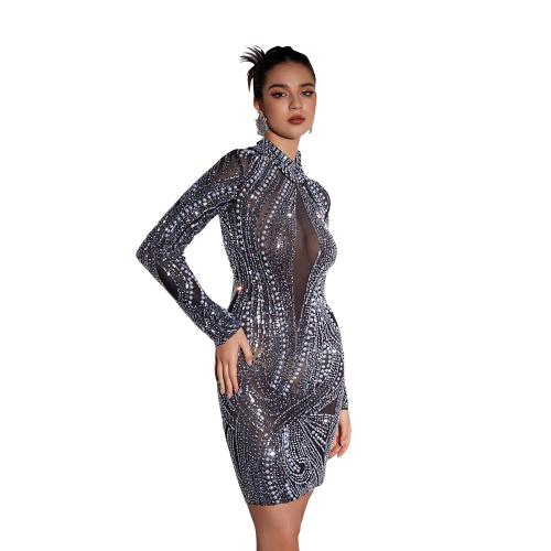 Sequin & Gauze & Polyester Sexy Package Hip Dresses see through look & breathable & skinny style iron-on Solid black PC