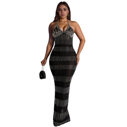 Spandex floor-length Sexy Package Hip Dresses back split & backless iron-on Solid PC