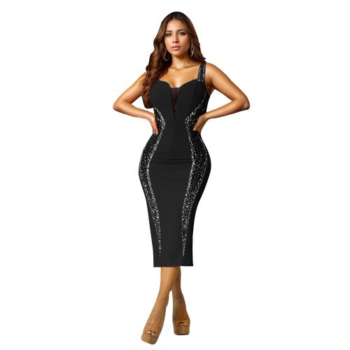 Gauze & Polyester Slim Sexy Package Hip Dresses deep V & off shoulder iron-on Solid PC